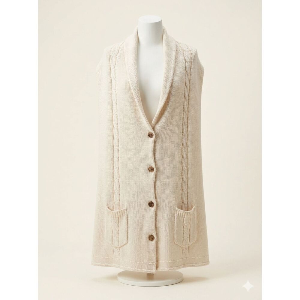 Katie Todd Cream Cable Knit Wrap Cape Cardigan Boho Button Poncho Shawl